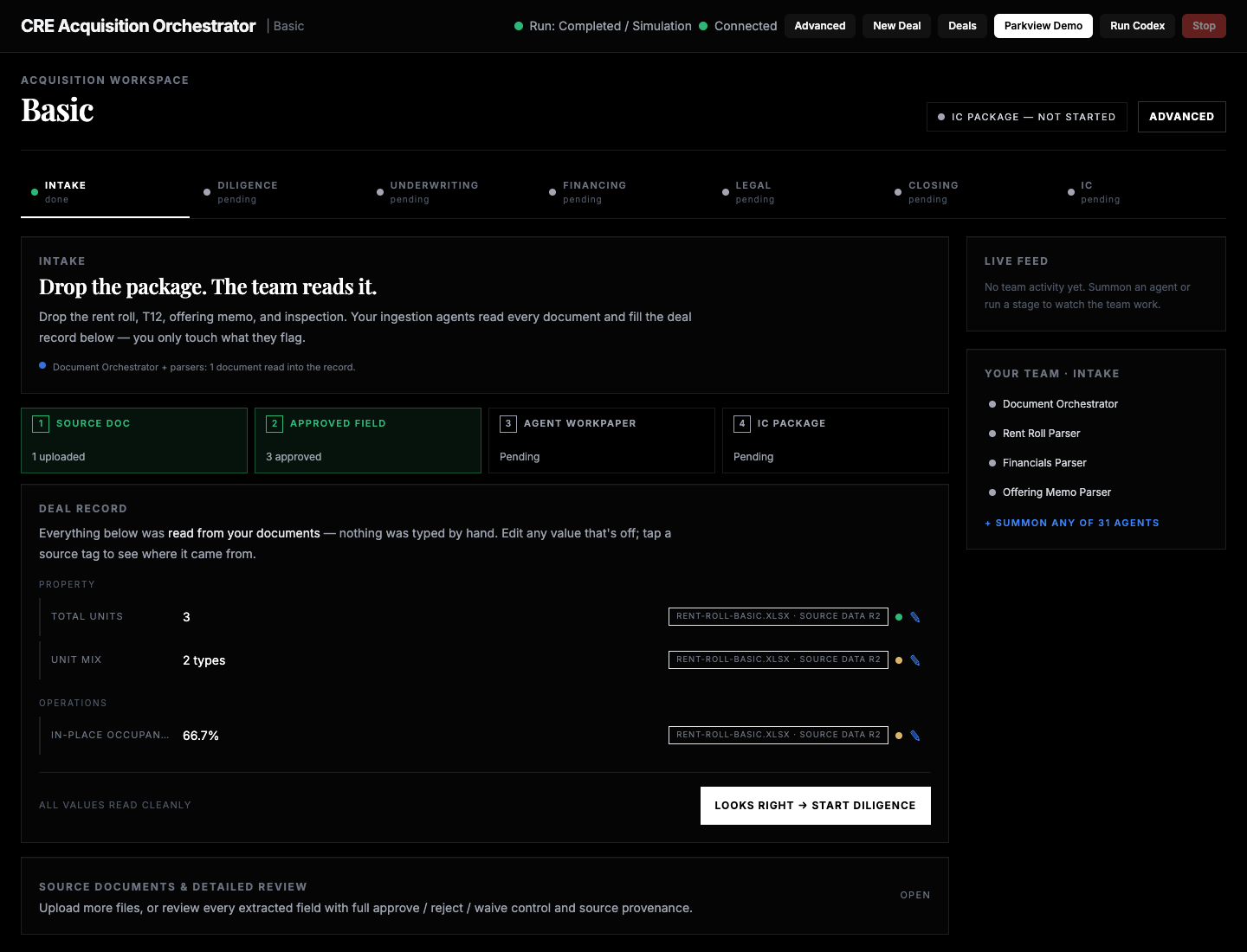 Source-backed extraction review screen showing candidate fields with confidence and provenance.